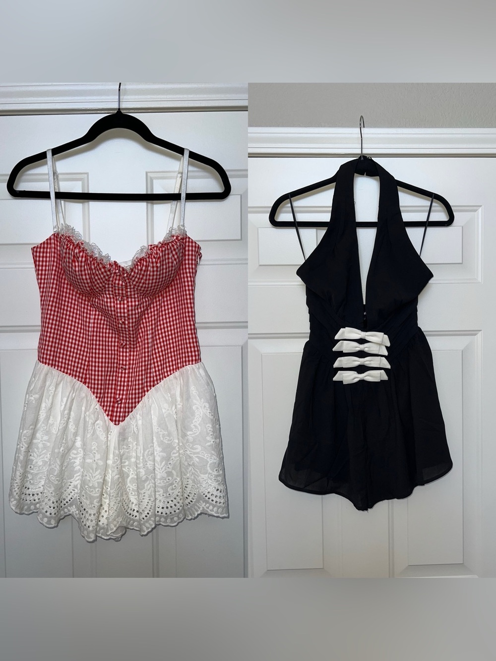 2- Fashion Nova Rompers! Red Gingham & White Lace Romper + Black Halter Rompers